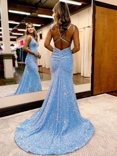 Affordable Criss Cross Open Back V-Neck Sleeveless Long Velvet Sequin Prom Dress UK