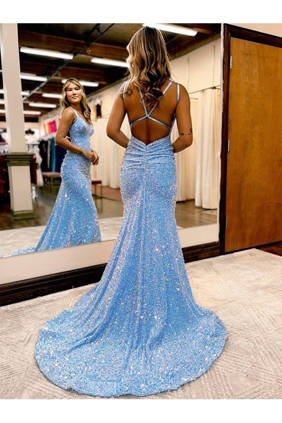 Affordable Criss Cross Open Back V-Neck Sleeveless Long Velvet Sequin Prom Dress UK