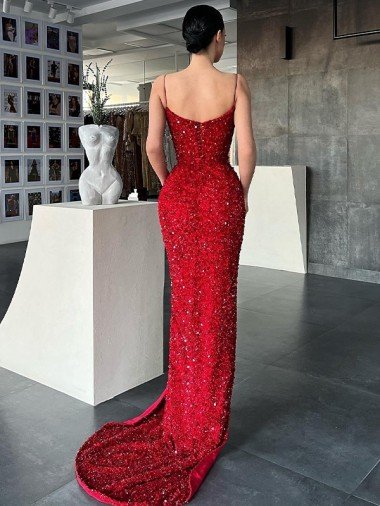 Affordable V-Neck Sleeveless Long Sweep Train Velvet Sequin Prom Dress with High Side Slit UK