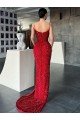 Affordable V-Neck Sleeveless Long Sweep Train Velvet Sequin Prom Dress with High Side Slit UK