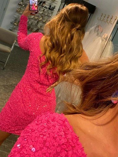 Affordable Short Velvet Sequin One Shoulder Long Sleeves Homecoming Dress / Prom Dress UK