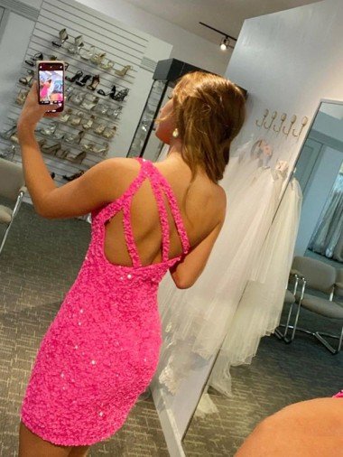 Affordable Short One Shoulder Sleeveless Velvet Sequin Homecoming Dress / Prom Dress UK