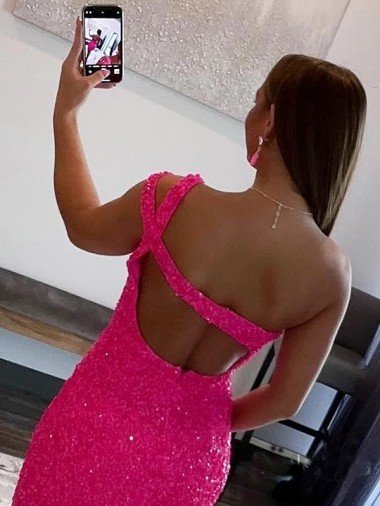 Affordable Velvet Sequin One Shoulder Sleeveless Short Homecoming Dress / Prom Dress UK