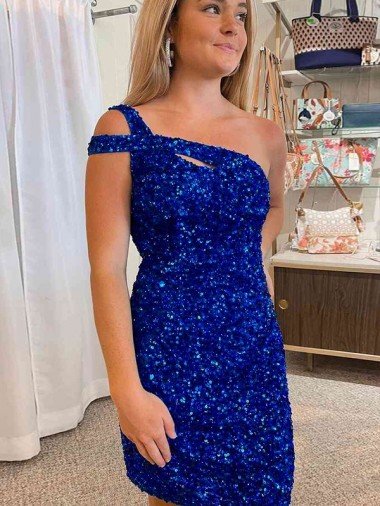 Affordable Velvet Sequin One Shoulder Sleeveless Short Homecoming Dress / Prom Dress UK