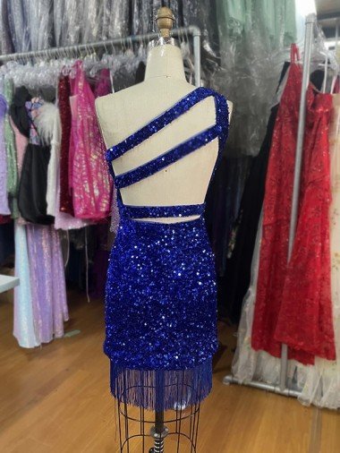 Affordable One Shoulder Keyhole Sleeveless Short Velvet Sequin Homecoming Dress / Prom Dress UK