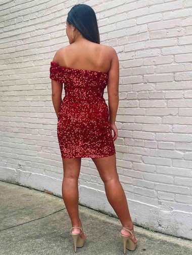 Affordable Short One Shoulder Sleeveless Velvet Sequin Cocktail Homecoming Dress / Prom Dress UK