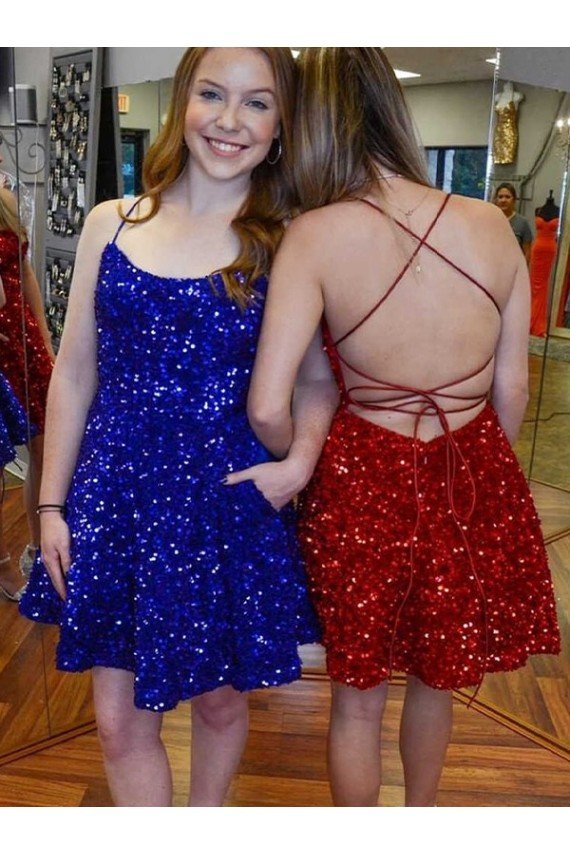 Affordable A-Line Spaghetti Straps Sleeveless Short Velvet Sequin Homecoming Dress / Prom Dress UK