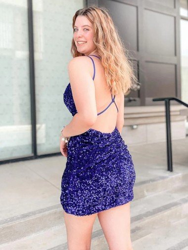 Affordable Sleeveless Short Velvet Sequin V-Neck Homecoming Dress / Prom Dress UK
