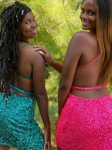 Affordable V-Neck Sleeveless Short Velvet Sequin Cocktail Dress UK