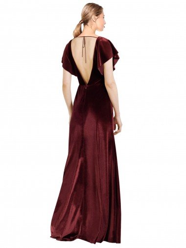 Affordable Flutter Sleeves Open Back Long Velvet Bridesmaid Dress / Prom Dress UK