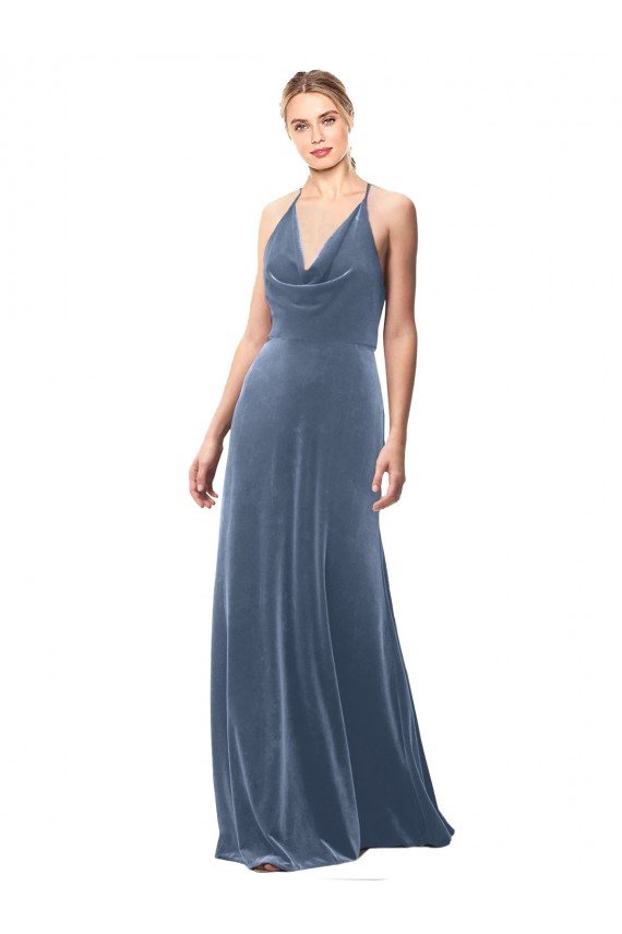 Affordable Halter Cowl Neck Long A-Line Velvet Bridesmaid Dress / Prom Dress with Keyhole Back UK