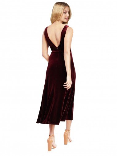 Affordable Daring Plunging V-Neckline Short Midi Cocktail Length Velvet Bridesmaid Dress / Prom Dress UK