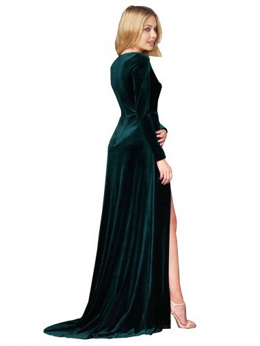 Affordable Deep V-Neck Long Sleeves Formal Velvet Bridesmaid Dress / Prom Dress with High Side Split UK