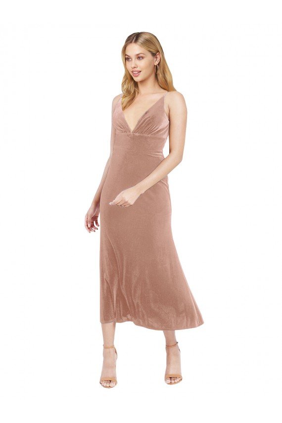 Affordable Midi Cocktail Length Short V-Neck Velvet Bridesmaid Dress / Prom Dress with Notched Neckline UK