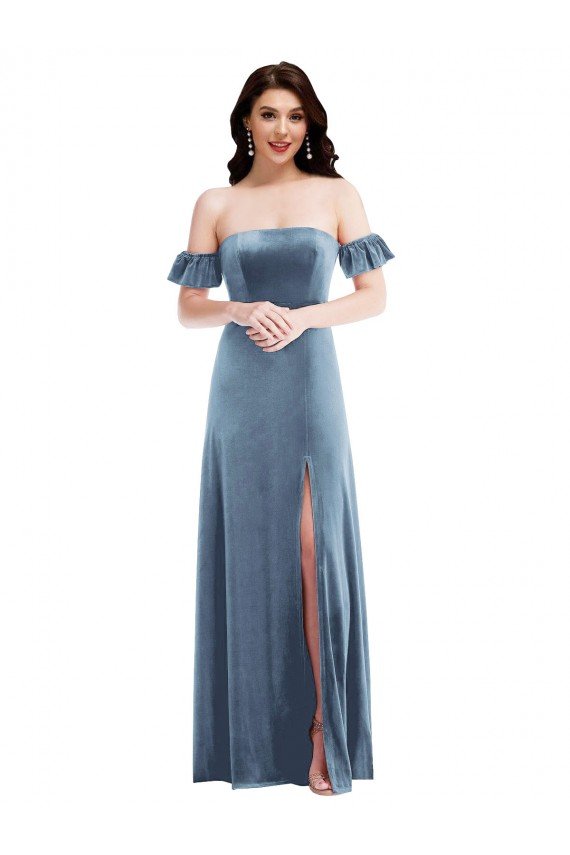Affordable Ruffle Sleeve Off the Shoulder Velvet Maxi Bridesmaid Dress / Prom Dress UK