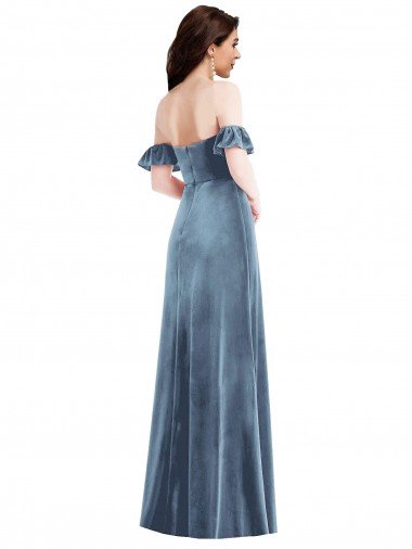 Affordable Ruffle Sleeve Off the Shoulder Velvet Maxi Bridesmaid Dress / Prom Dress UK