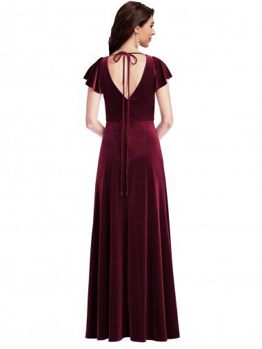 Affordable Flutter Sleeve Velvet Maxi Bridesmaid Dress / Prom Dress with Pockets UK