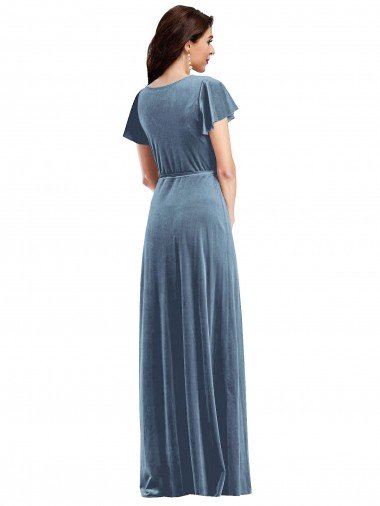 Affordable Flutter Sleeve Velvet Wrap Maxi Bridesmaid Dress / Prom Dress with Pockets UK