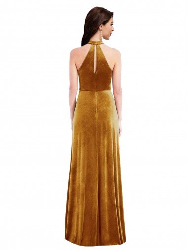 Affordable High-Neck Halter Velvet Maxi Bridesmaid Dress / Prom Dress with Front Slit UK