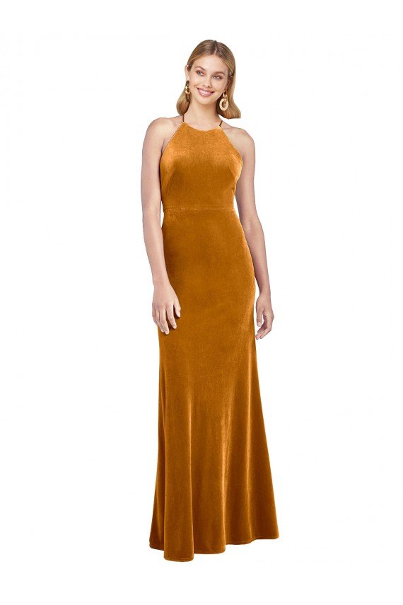 Affordable Halter Neckline Long Full Length Formal Velvet Bridesmaid Dress / Prom Dress with Strappy Back UK
