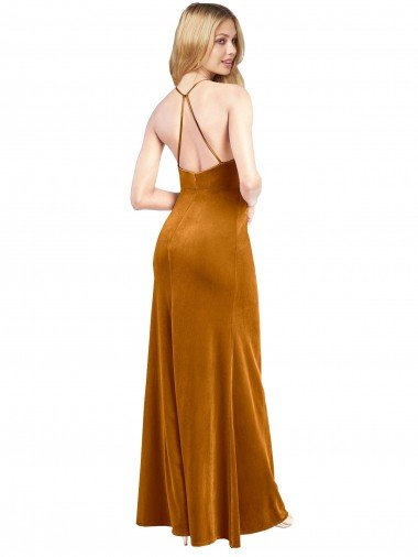 Affordable Halter Neckline Long Full Length Formal Velvet Bridesmaid Dress / Prom Dress with Strappy Back UK