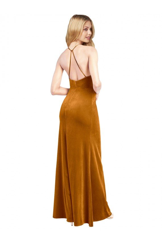Affordable Halter Neckline Long Full Length Formal Velvet Bridesmaid Dress / Prom Dress with Strappy Back UK