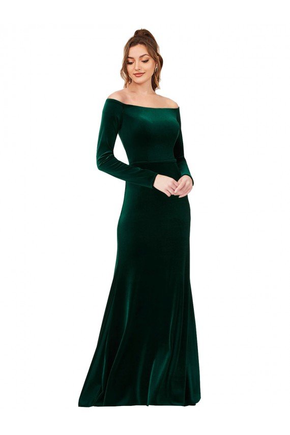Affordable Off the Shoulder Long Sleeves Formal Stretch Velvet Bridesmaid Dress / Prom Dress UK