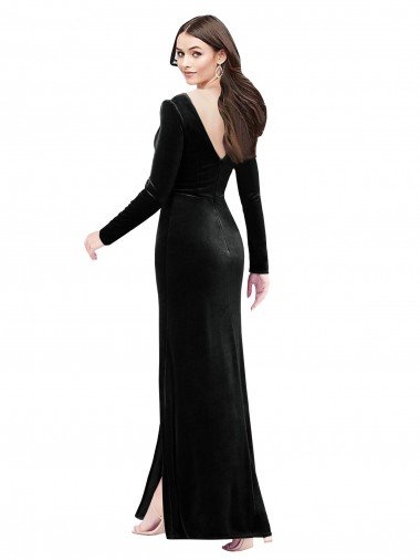 Affordable Long Sleeves Formal Velvet Bridesmaid Dress / Prom Dress with V-Neckline and Thigh Slit UK