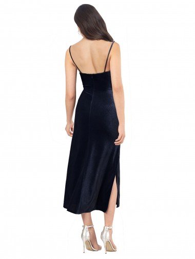 Affordable Midi Cocktail Length Formal Velvet Bridesmaid Dress / Prom Dress with Cowl Neck and Spaghetti Straps UK