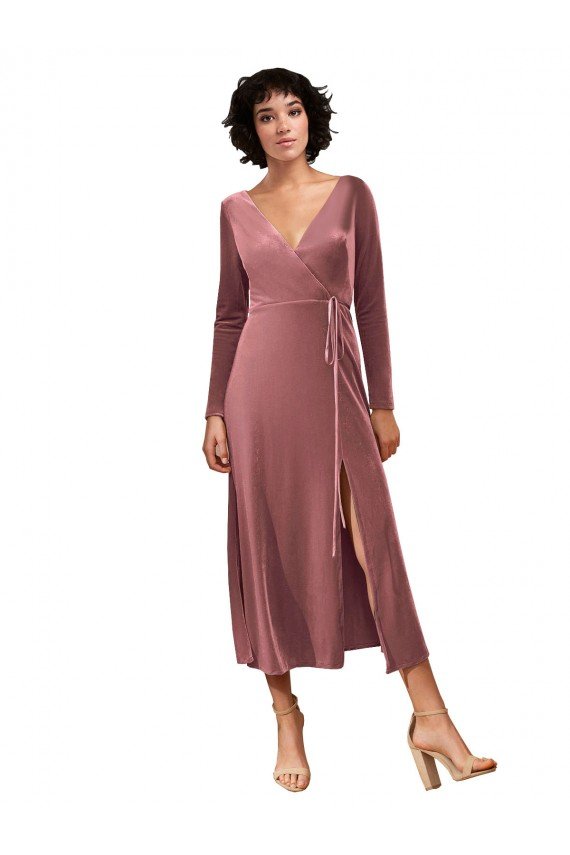 Affordable Long Sleeve Velvet Faux Wrap Midi Length Bridesmaid Dress / Prom Dress UK