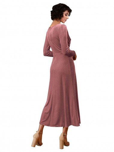 Affordable Long Sleeve Velvet Faux Wrap Midi Length Bridesmaid Dress / Prom Dress UK