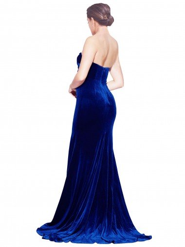 Affordable Strapless Ruched Formal Velvet Bridesmaid Dress / Prom Dress with Sweep Train and Front Slit UK