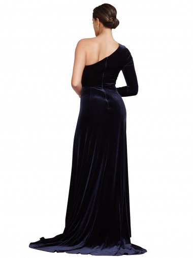 Affordable One Sleeve Long Formal Velvet Bridesmaid Dress / Prom Dress with Thigh High Split UK