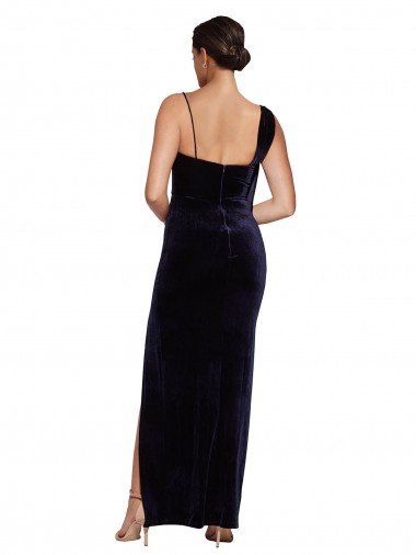 Affordable Long Formal Velvet Bridesmaid Dress / Prom Dress with Side Thigh Split and Shoulder Tie UK