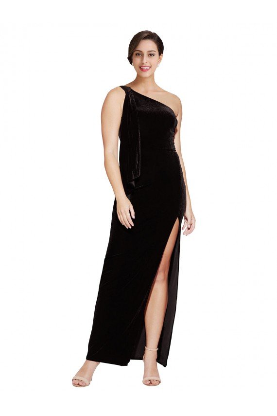 Affordable One Shoulder Long Formal Velvet Bridesmaid Dress / Prom Dress with Side Split and Shoulder Tie UK